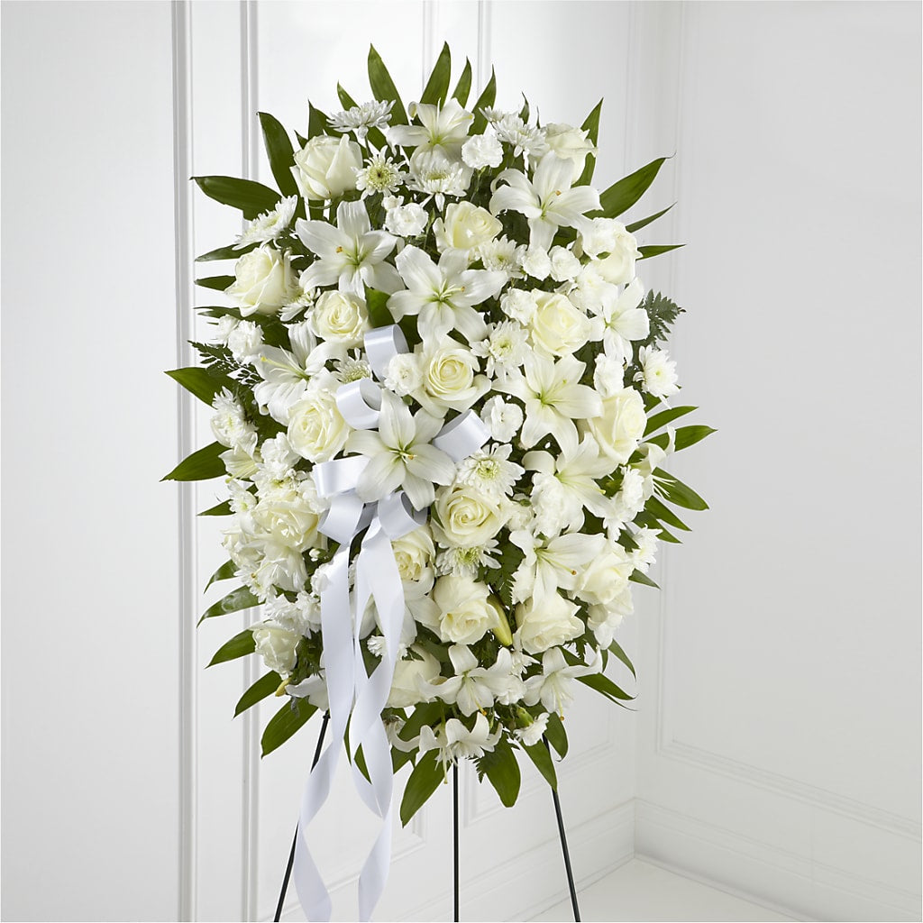 Exquisite Tribute Standing Spray-White Ribbon – DANNY'S FLOWERS & GIFTS, Livonia MI