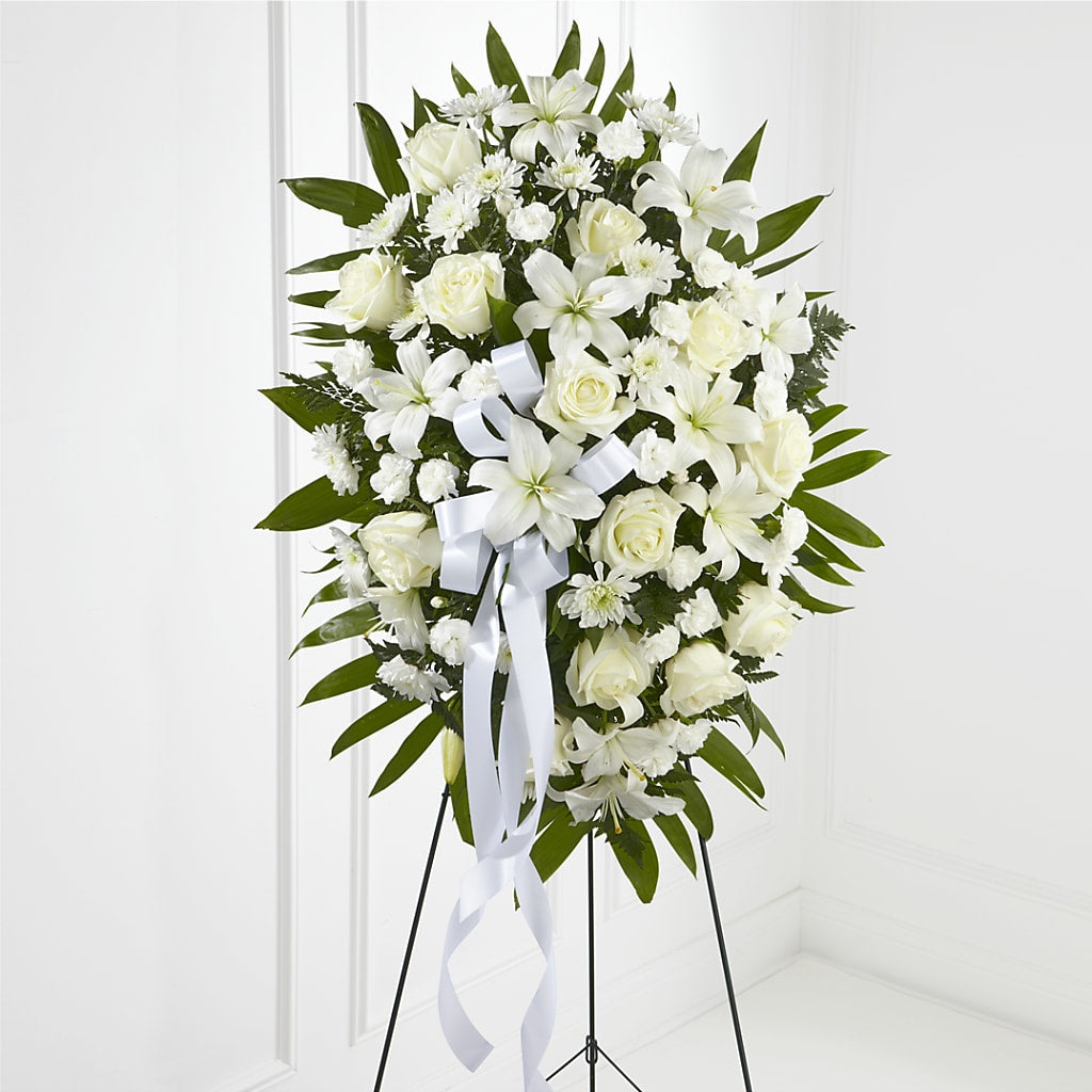Exquisite Tribute Standing Spray-White Ribbon – DANNY'S FLOWERS & GIFTS, Livonia MI